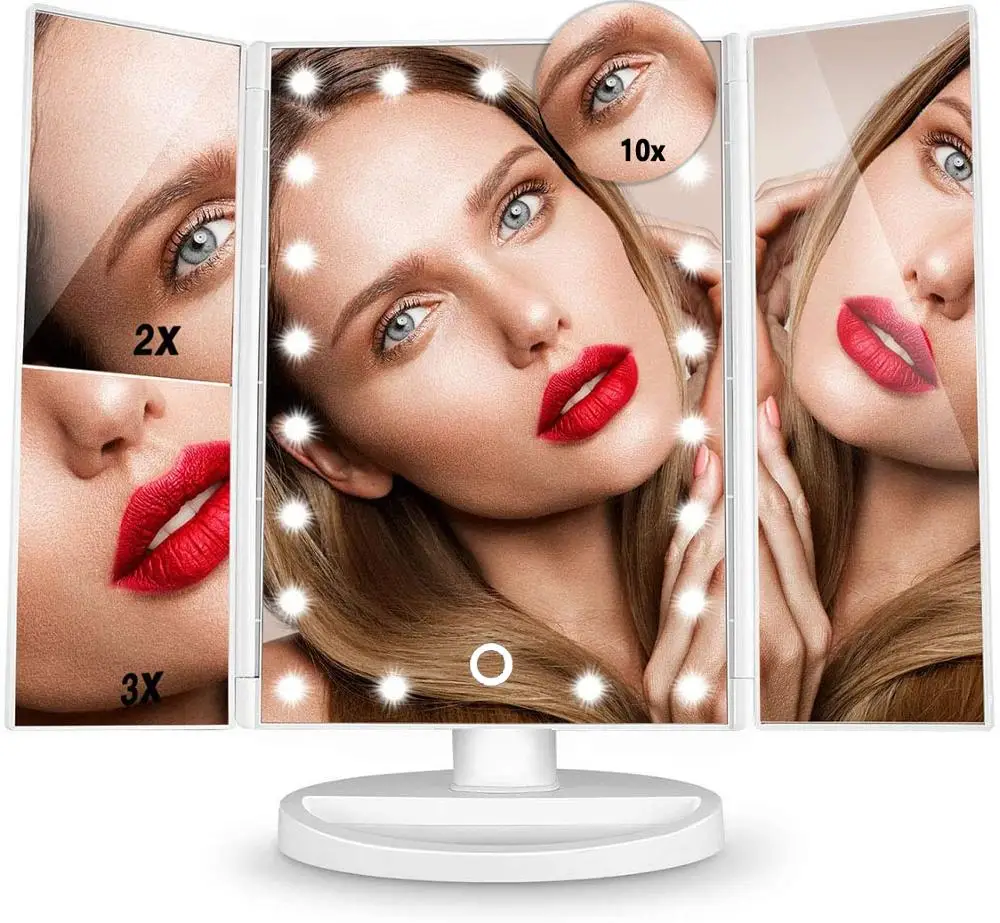 

LED Touch Screen 22 Light Makeup Mirror Table Desktop Makeup 1X/2X/3X/10X Magnifying Mirrors Vanity 3 Folding Adjustable Mirror