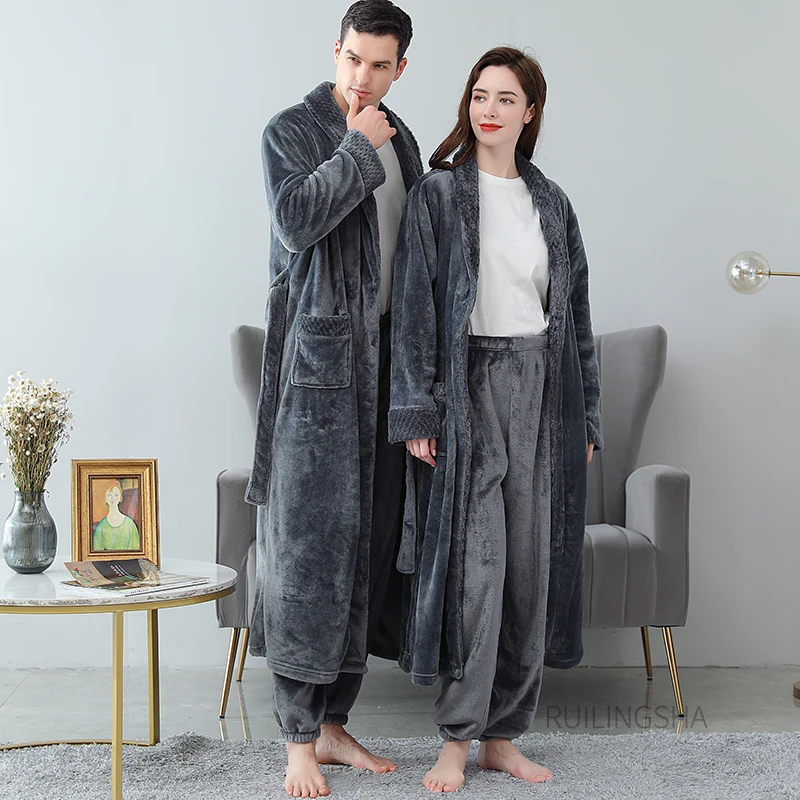 

Men Winter Extra Long Warm Flannel Bathrobe Pant Sets Plus Size Coral Fleece Robes Long Sleeve Bath Robe Pijama Women Sleepwear