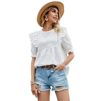 summer 2021 new fashion womens top fresh and sweet round neck hook hollow loose bubble short sleeve top chiffon blouse