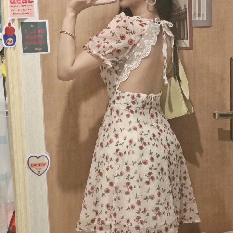 

Retro French High Waist Sweet Dress Japanese Korean Lace Up Backless Mini Dress 2021 Summer Fashion Lace Hollow Out Casual Dress
