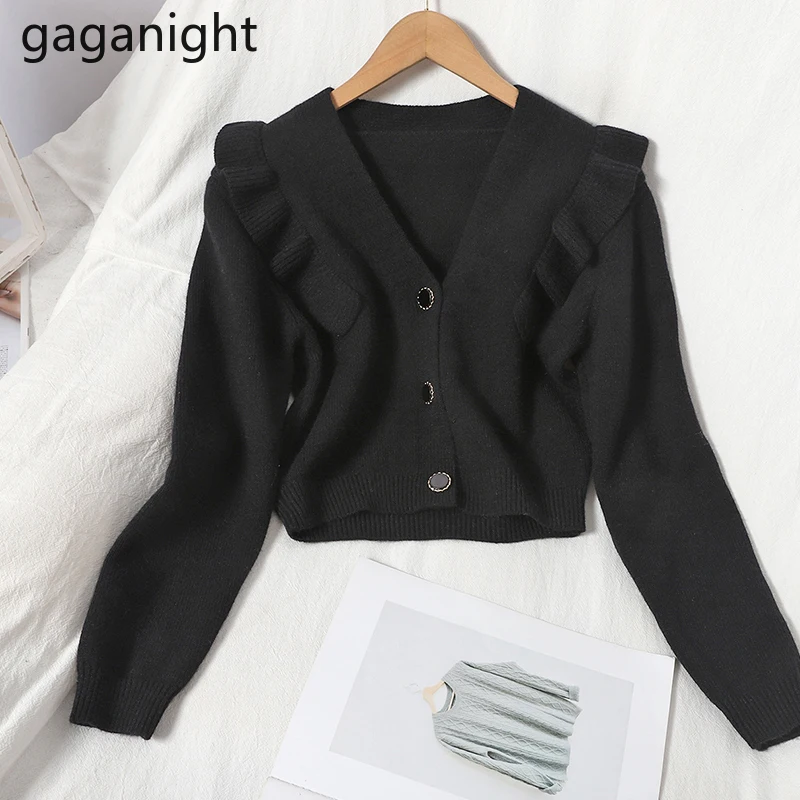 GAGANIGHT Sweet Cropped Cardigan Solid V-neck Stringy Selvedge Knitted Girls Autumn Winter Korean Fashion Outwear Tops |