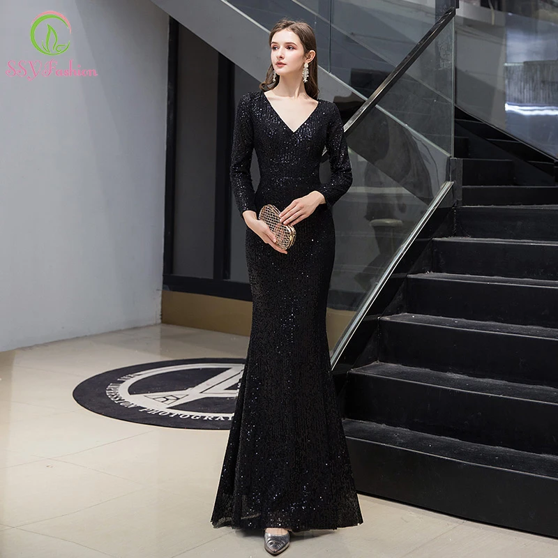 

Женское вечернее платье-Русалка SSYFashion, черное облегающее банкетное платье с длинным рукавом и V-образным вырезом
