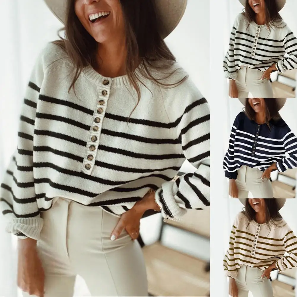 

2021 New Women Sweater Horizontal Stripes Single Breasted Autumn Winter Knitted Long Sleeve Top Pullover Streetwear кардиган