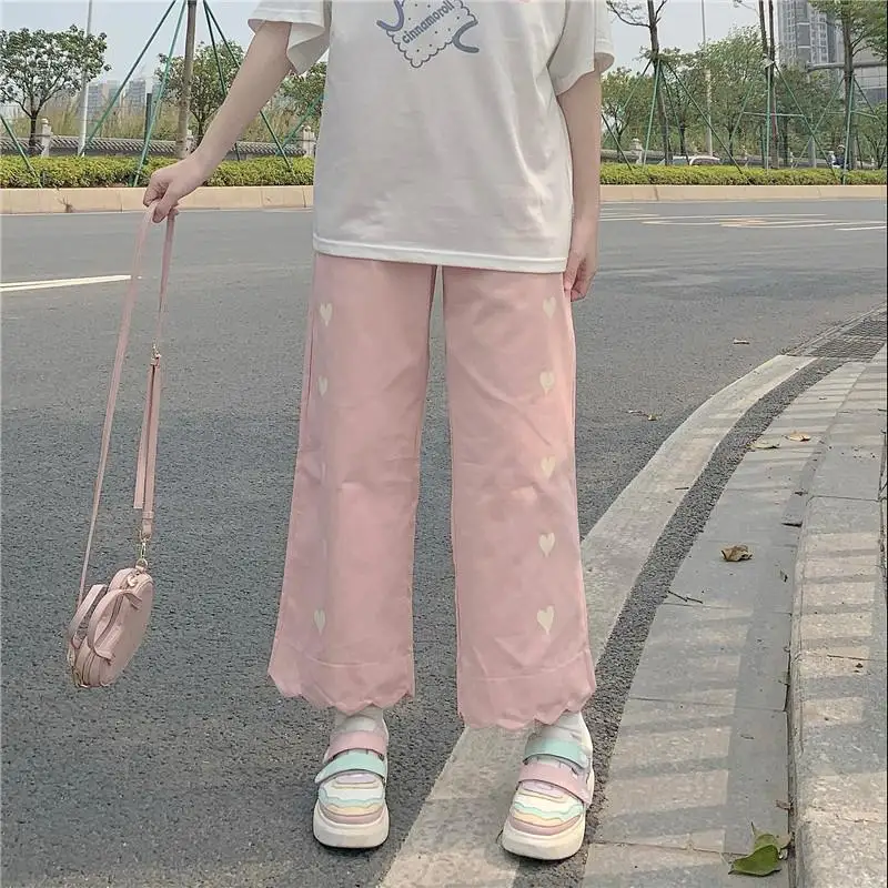 Autumn Loose Casual Cute College All-match High Street Kawaii Fashion Lovely Panta Pink Pants Women Harajuku Heart-print | Женская