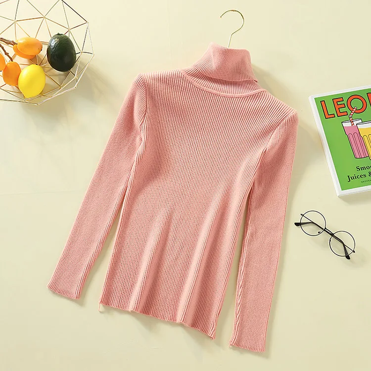 Light Pink Горячая водолазка свитер женский длинный рукав тонкий сплошной цвет вязаный женский пуловер свитер Осень Зима Джемпер женские топы водолазка женская свитер женский - Цвет: Light Pink