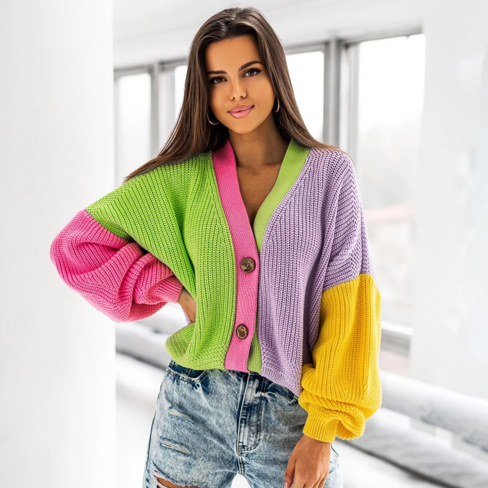 

Western Style New 2021 Autumn Winter Womens Sweater Fashion Splicing Color Contrast V-neck Long Sleeve Casual Single Breasted