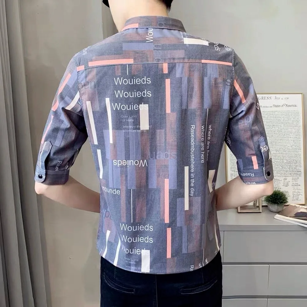 Men's Summer Five-point Sleeve Shirts, Men's Single-breasted Lapel Shirts, Korean Fashion Shirts, Printed Short-sleeved Shirts
