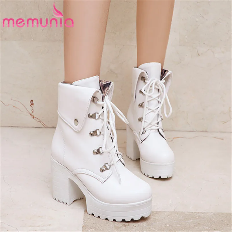 

MEMUNIA 2021 hot sale ankle boots women round toe pu autumn winter high heels platform boots vintage party prom shoes ladies
