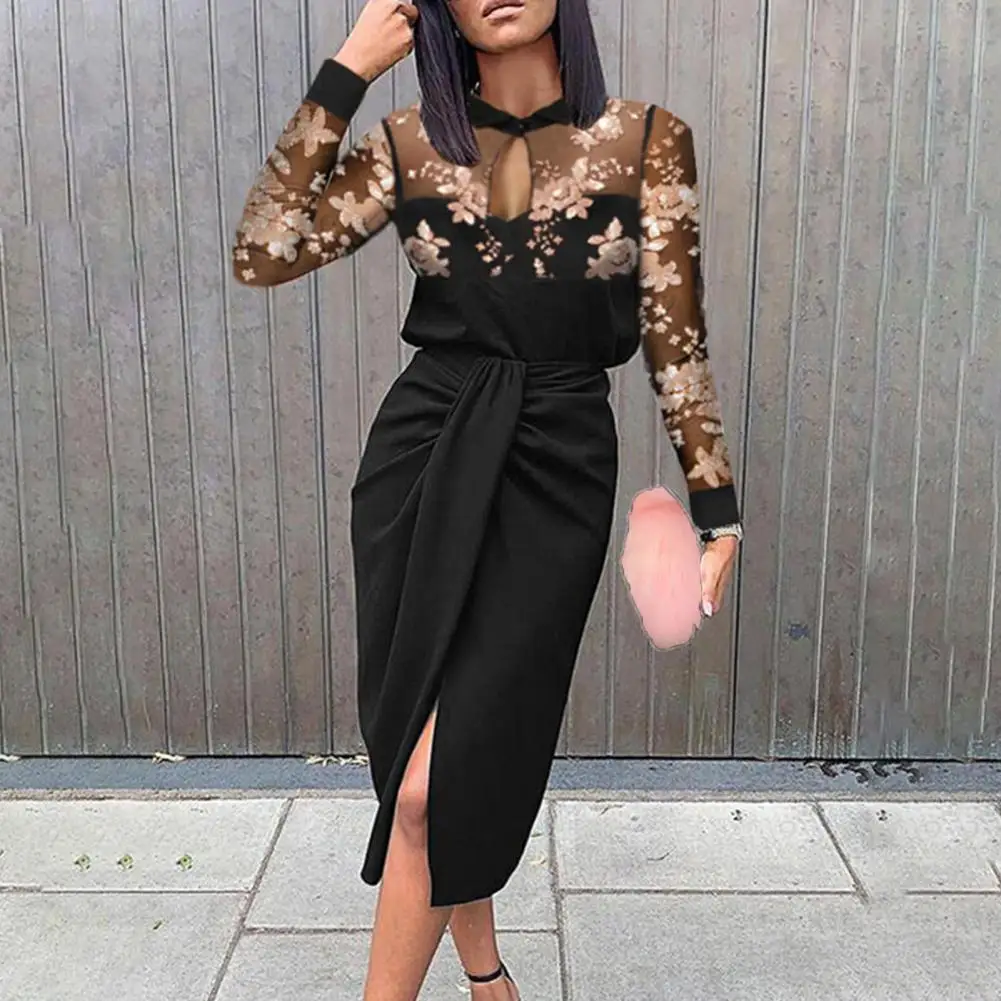 

Women Fashion Hollow Out Lace Party Dress Sexy V Neck Draped Slit Dresses Elegant Commute Office Lady Off Shoulder Long Dress