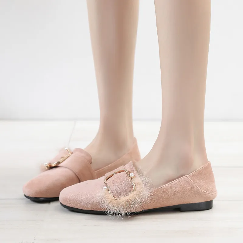 Женская зимняя обувь с кроличьим мехом лоферы на плоской подошве Осенняя пряжкой