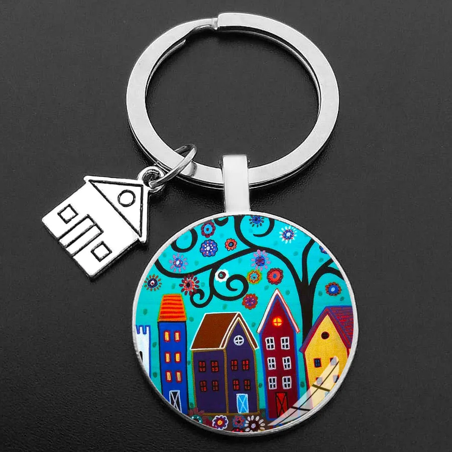 key to the new house kechain beautiful house under the starry sky key ring personality jewelry gift key holder for new home free global shipping