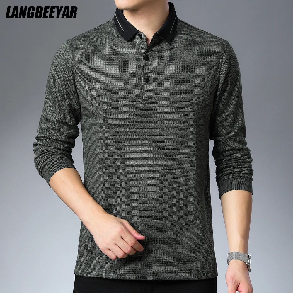

2021 New Fashion Brand Mens Turn Down Collar Polo Shirt Solid Color Plain Casual Striped Long Sleeve Tops Men Clothes