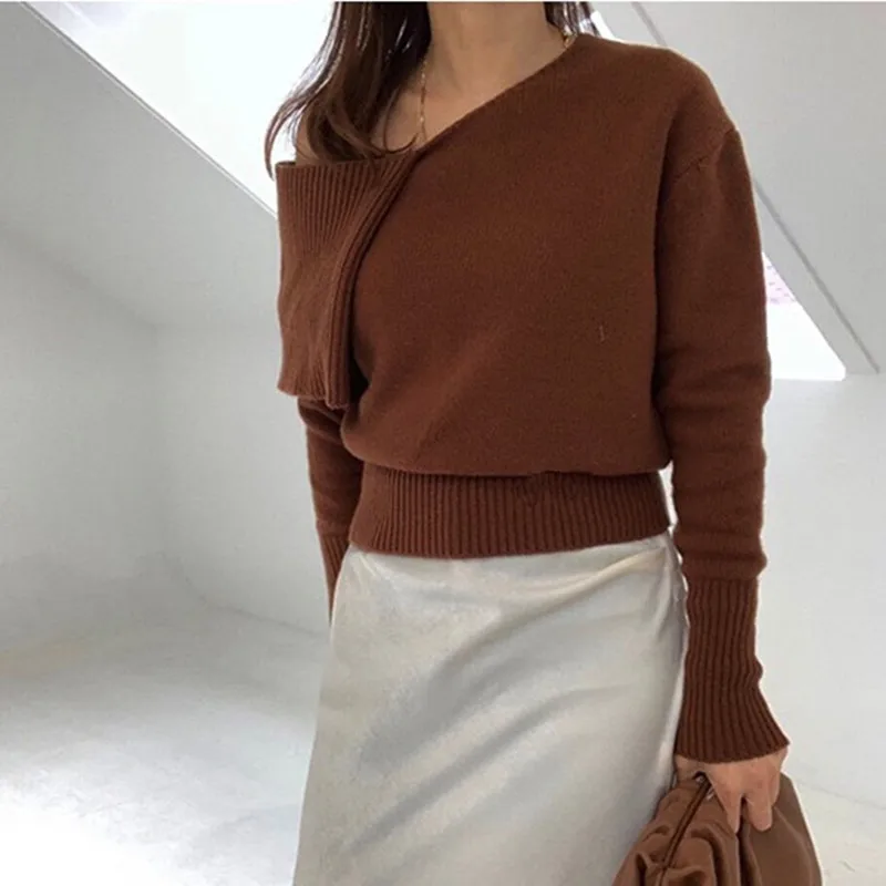 

New Autumn Woman's Sweaters Irregular Turtleneck Full-Sleeve Solid Casual Knitting Jumper and Pullover Female Winter 2021