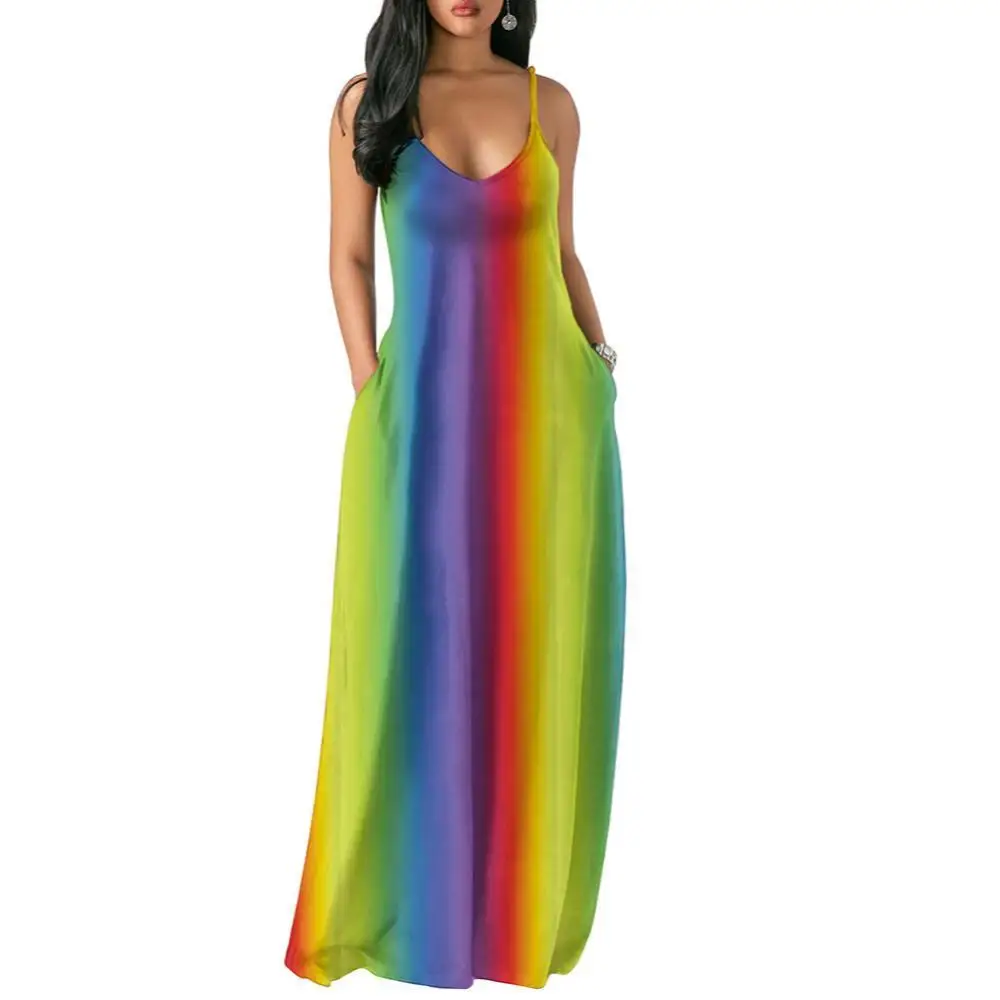 

70% Hot Sell Boho Tie Dye Rainbow Print V Neck Women Spaghetti Strap Maxi Dress with Pockets