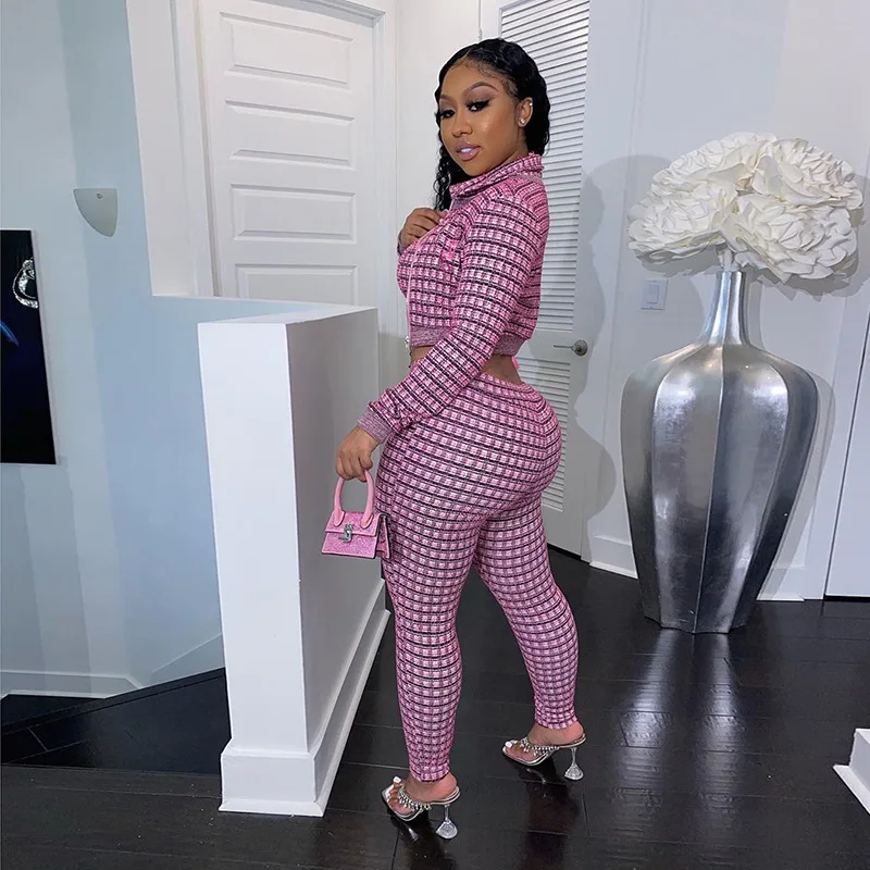 

BIIKPIIK Plaid 3 Piece Sets Women Autumn Zipper Turtleneck Jackets+Sexy Bra+Elastic Pants Matching Sets Female Casual Streetwear