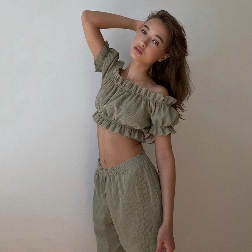 

Slash Neck Sexy Trouser Suits Cotton Sleepwear Women Pajama Sets Womens Ruffle Set Woman 2 Pieces Autumn Nightwear