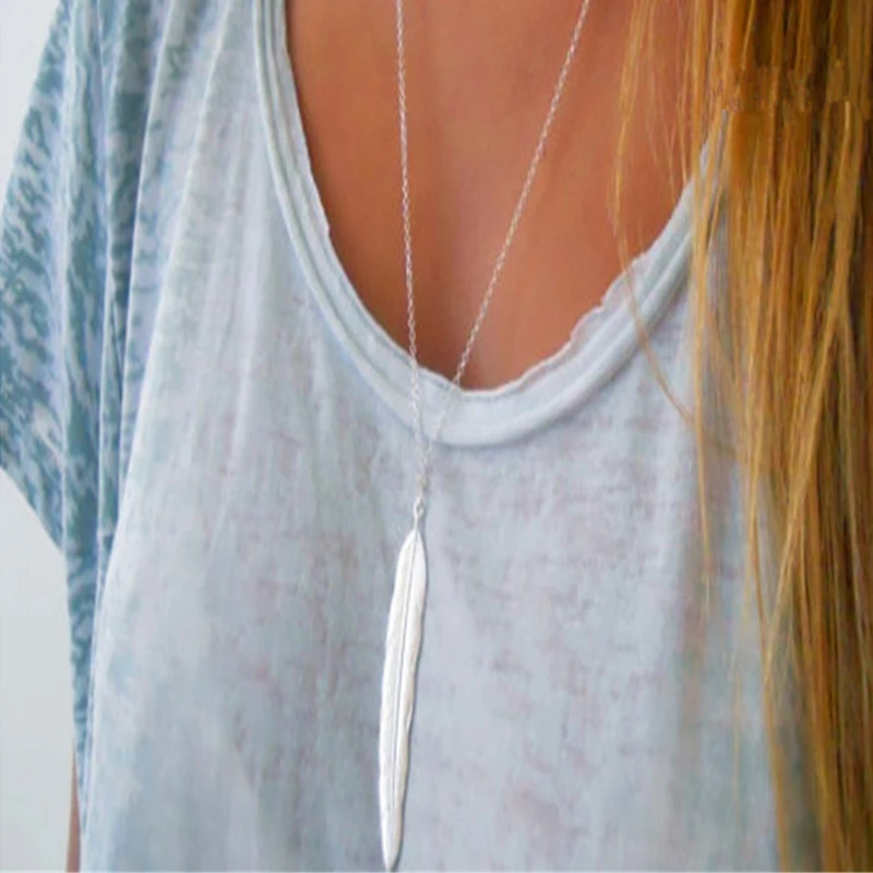 

2023 New Fashion Womens Vintage Long Necklace Jewelry Gold/silver Color Simple Feather Pendant Necklaces Jewelry Gifts