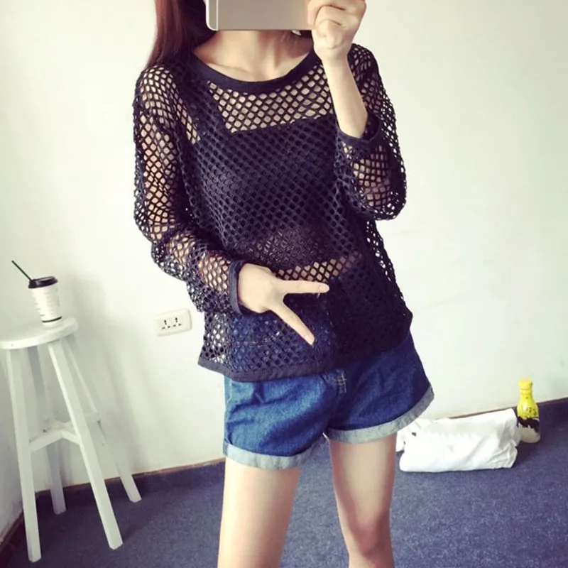 

Casual Lady Long Sleeve Blouses Girls Black Solid O-Neck Hollow Out Tops New Arrival
