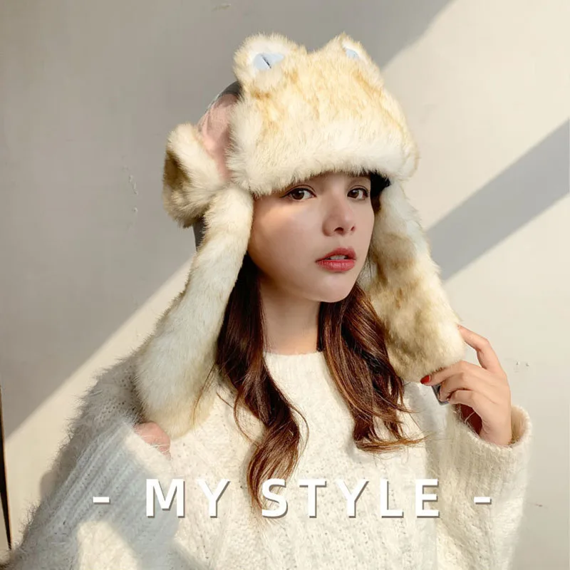 

Cute Women Winter Bomber Hat Thick Warm Russian Fur Hat Ladies Snow Ski Earflap Cap Female Windproof Russian Ushanka Hat