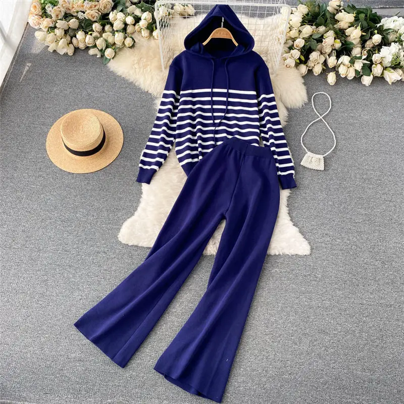 

Korean Fashion Knitted Suit Women's High Waist Slim Loose Wide Leg Trousers Striped Hooded Sweater Two Piece Set Tracksuit M2139