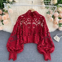 lace cut out top foreign style stand collar bubble sleeve loose sexy short shirt with suspender