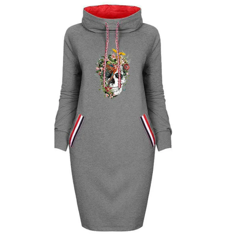 

Autumn Winter Women Skull Print Dresses Turtleneck Plus Size Pullover Dress Drawstring Harajuku Bodycon Party Club Midi Vestidos