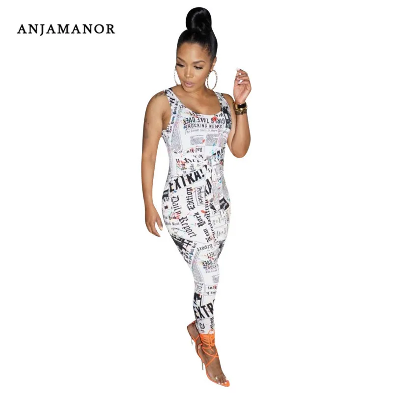 ANJAMANOR газета печати белый без рукавов Bodycon макси платье Плюс Размер Осень 2019