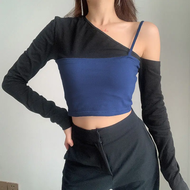 

New 2021 Summer Women Contrast Stitching Skew Collar Fake Two Pieces T-Shirt Long Sleeve Sexy Slim Short Bottoming Top Y718