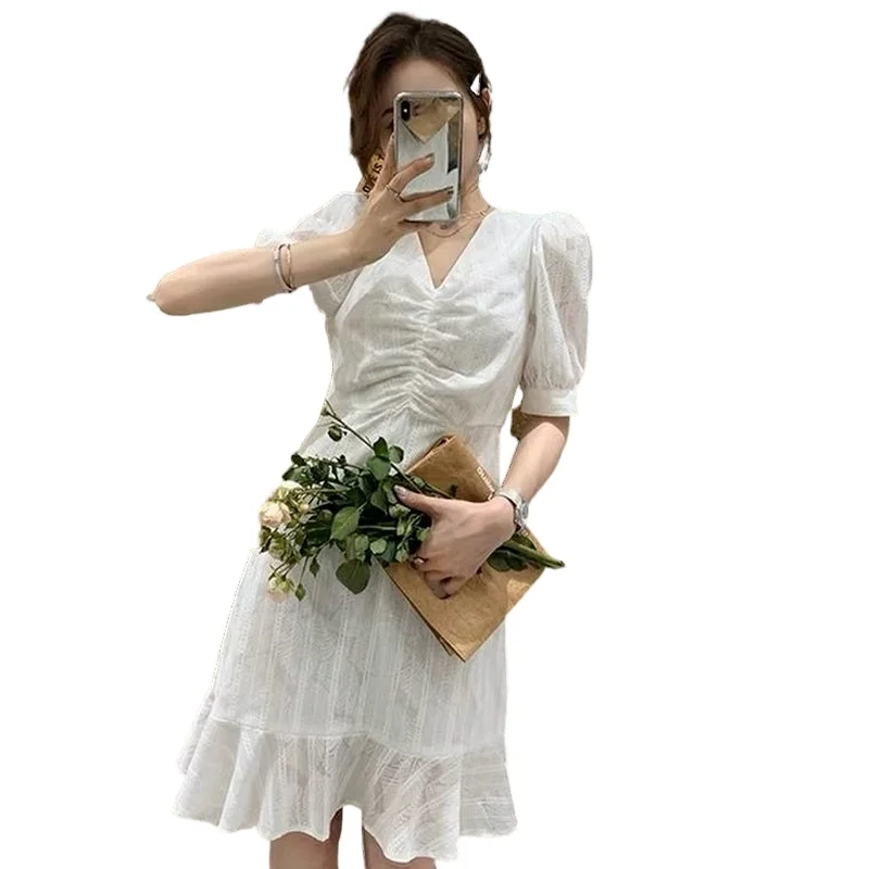 

2021 Summer V-neck Elegant Vingate Dress Woemn Short Sleeve Slim Casual Dress One Piece Dress Korean Office Lady Chiffon Chic
