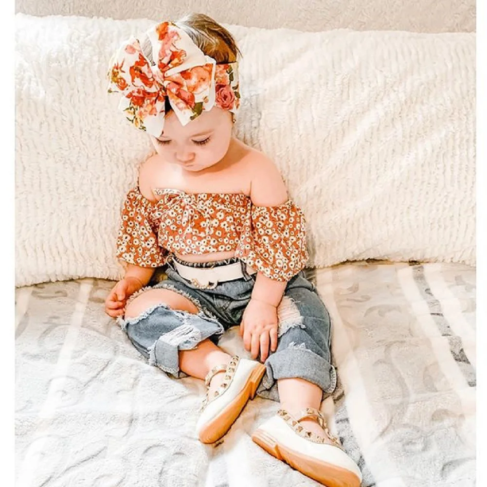 

1-5Y Toddler Clothes Kids Baby Girl Orange Floral Off Shoulder Crop Top Ripped Jeans Outfits Toddler Summer Children Clothing