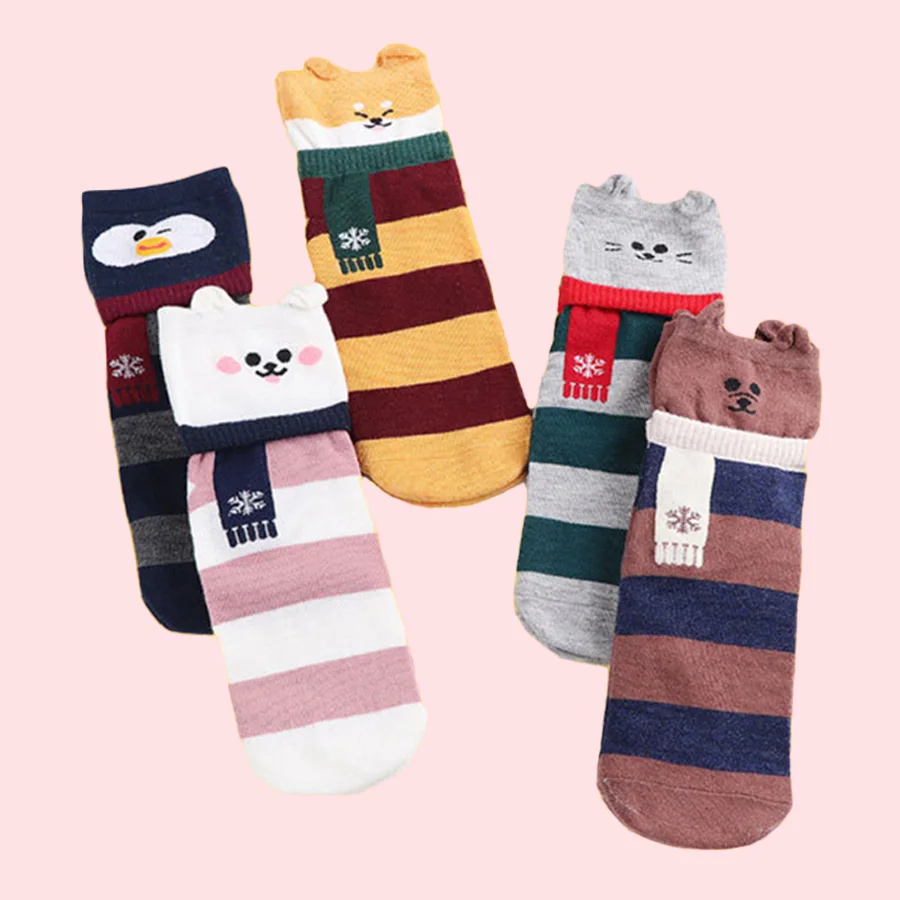 Забавные милые носки для женщин уши дизайн манжеты в яркую полоску с рисунком