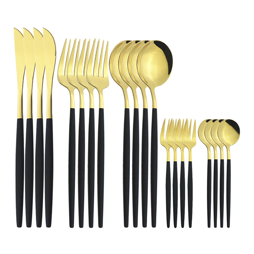 

20Pcs Black Gold Cutlery Set Knives Cake Fruit Fork Coffee Spoons Dinner Silverware Tableware Set Stainless Steel Dinnerware Set