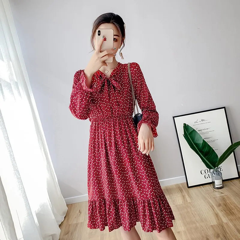 Женское винтажное платье-миди TingYiLi шифоновое платье с длинным рукавом бантом и