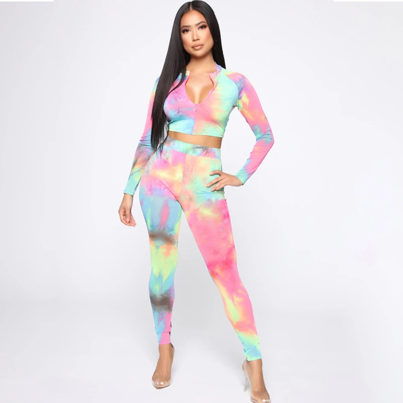 

NORMOV Women Sexy SetS Tie Dye V Neck Long Sleeve Top And Skinny Midi Waist Leggings Casual Female 2 Pcs Sets
