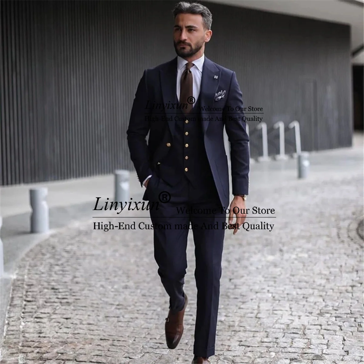 

Fashion Navy Blue Men Suits 3 Piece Costume Homme Peak Lapel Groom Wedding Tuxedo Prom Party Slim Fit Men Blazer Terno Masculino
