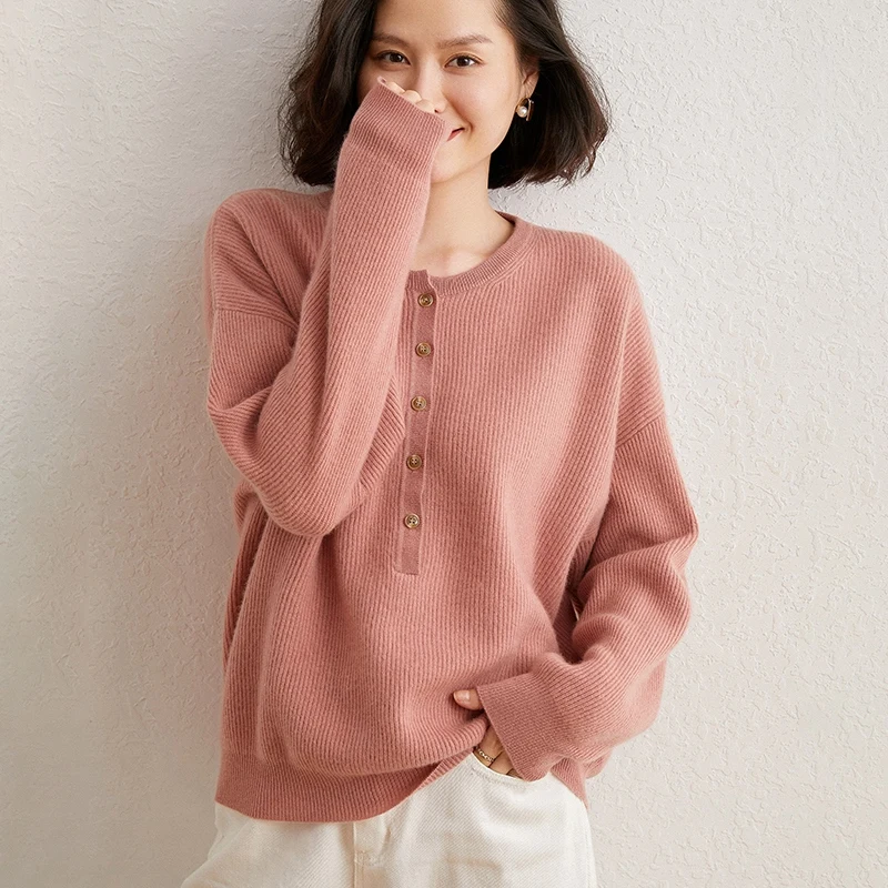 

Top Grade 110cm for Bust Loose Sweaters Woman Oneck With Button Fashion Pullovers 100% Pashmina Knitted Jumpers Ladies Cashmere