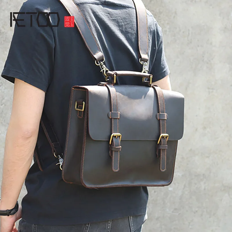 

AETOO Simple first layer cowhide backpack, men's leather shoulder bag, briefcase, messenger bag