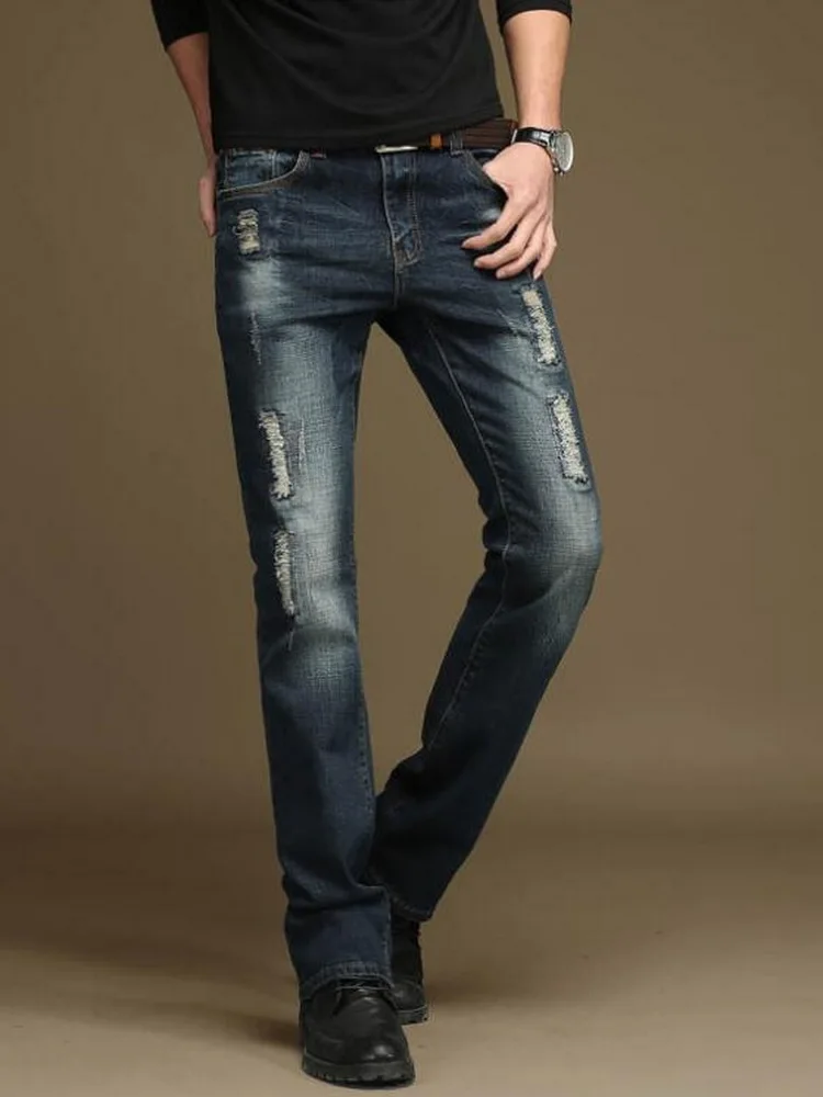 Spring And Autumn Men's Ripped Jeans Beggar Pants Men's Micro-Flare Denim Trousers Men's Jeans
