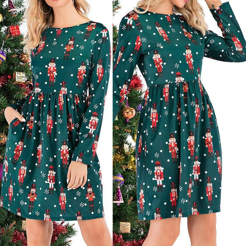 

Christmas Dress Women Long Sleeve O-Neck Midi A-Line Dress Cartoon Printed Pullover Swing Flared Loose Xmas Dress Holiday Party
