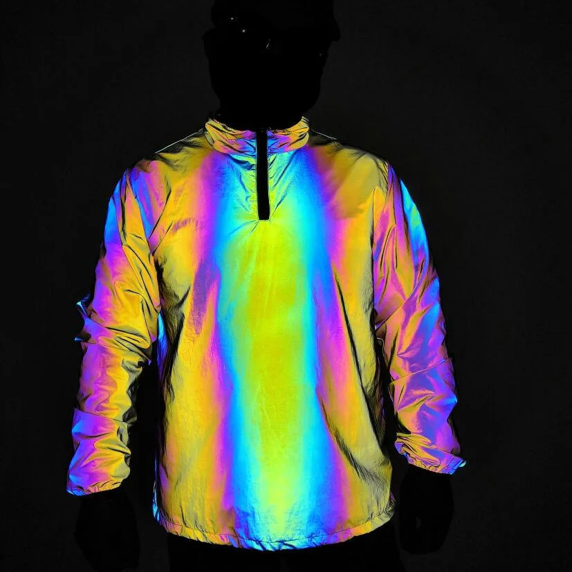 

2021 Men's New Stand Collar Colorful Reflective Pullover Jacket Hip Hop Rainbow Luminous Windproof Jacket