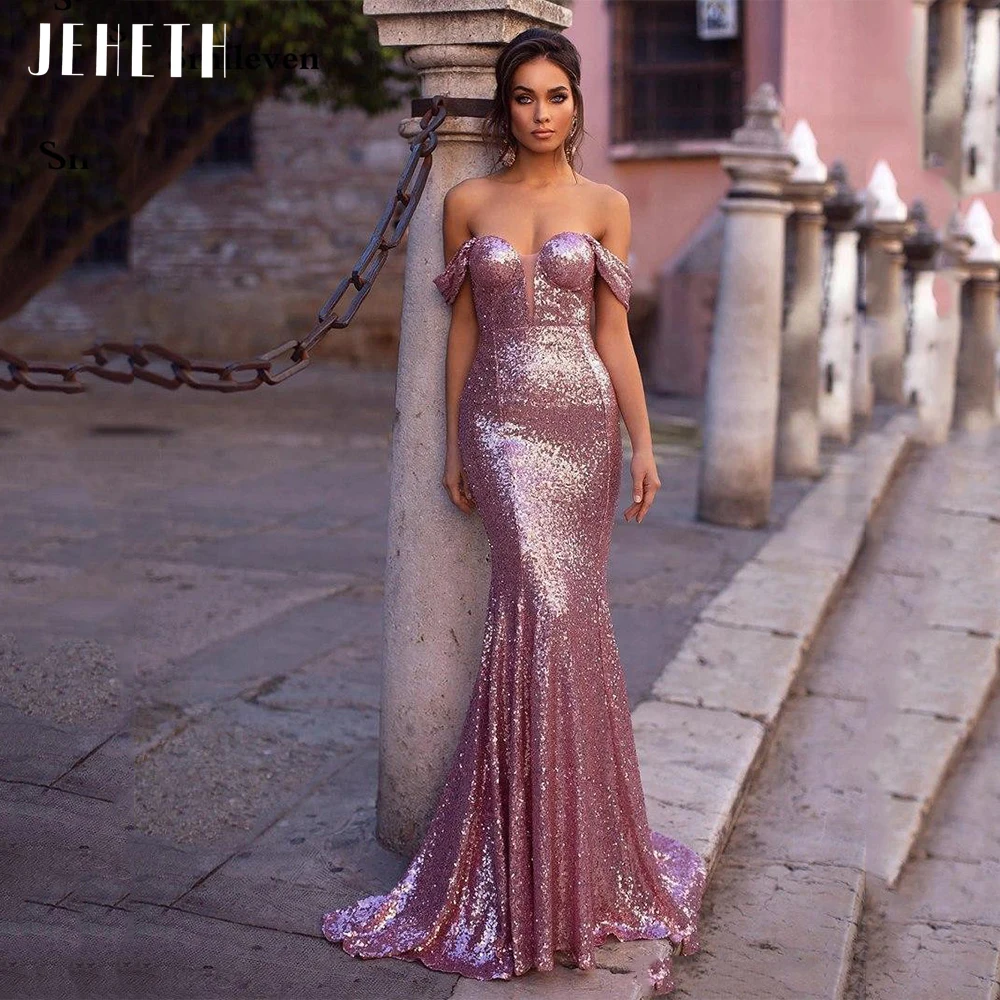 

Женское вечернее платье с блестками JEHETH, розовое платье-Русалка с вырезом сердечком и открытыми плечами, платье для свадебной вечеринки, 2021