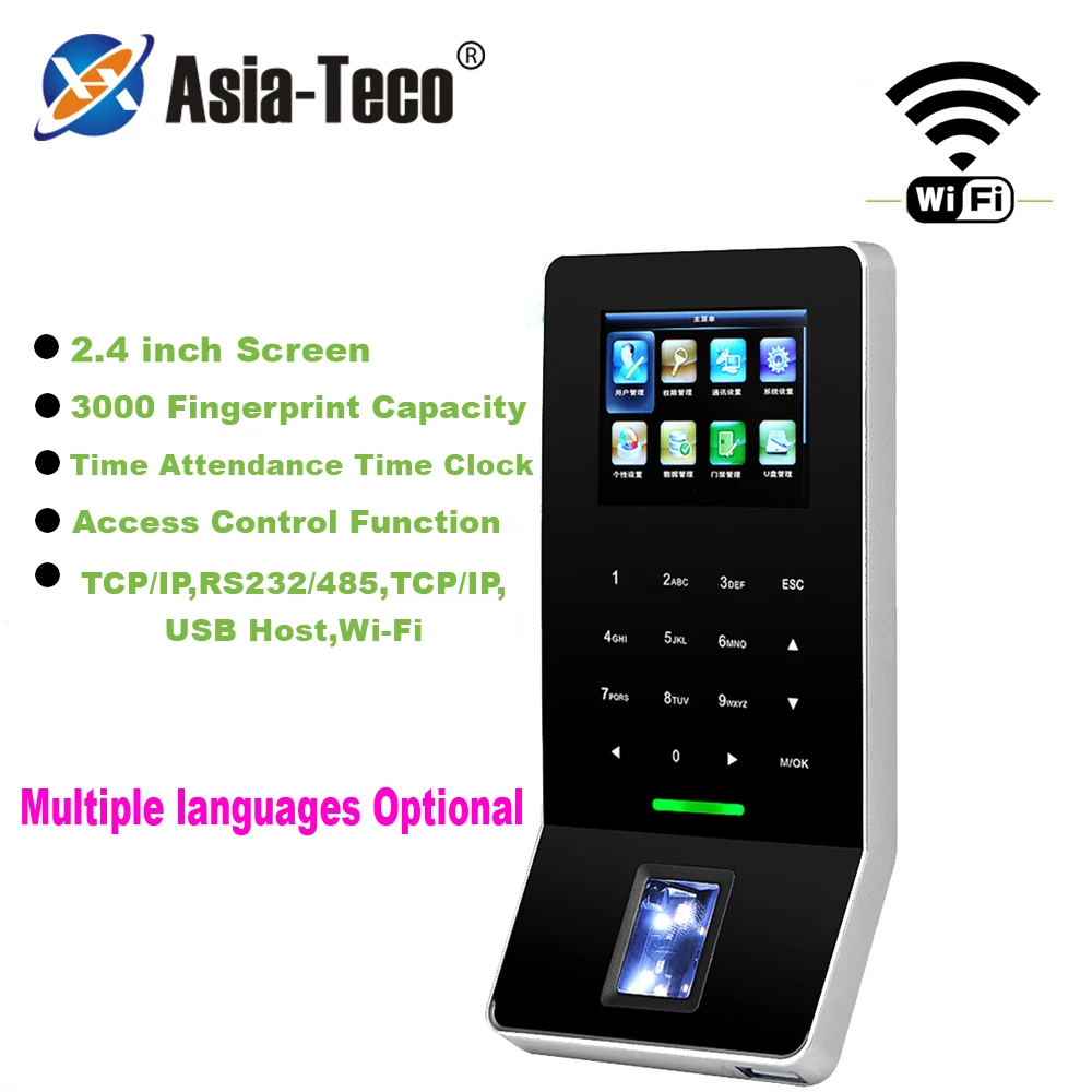 Биометрическая система контроля доступа по отпечатку пальца, с ЖК-экраном 2,4 дюйма, Wi-Fi, TCP/IP RJ45, считыватель отпечатков пальцев, поддержка языков Englsih