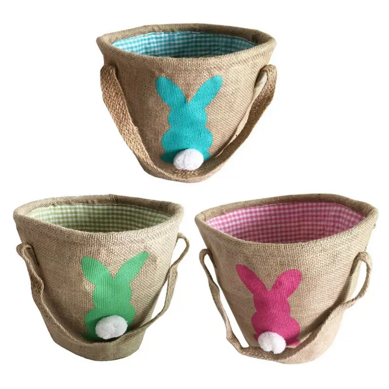 

Creative Easter Bunny Jute Tote Silk Print Rabbit Basket Carry Egg Candy Bag Double Handle Handbag Festival Party Supply