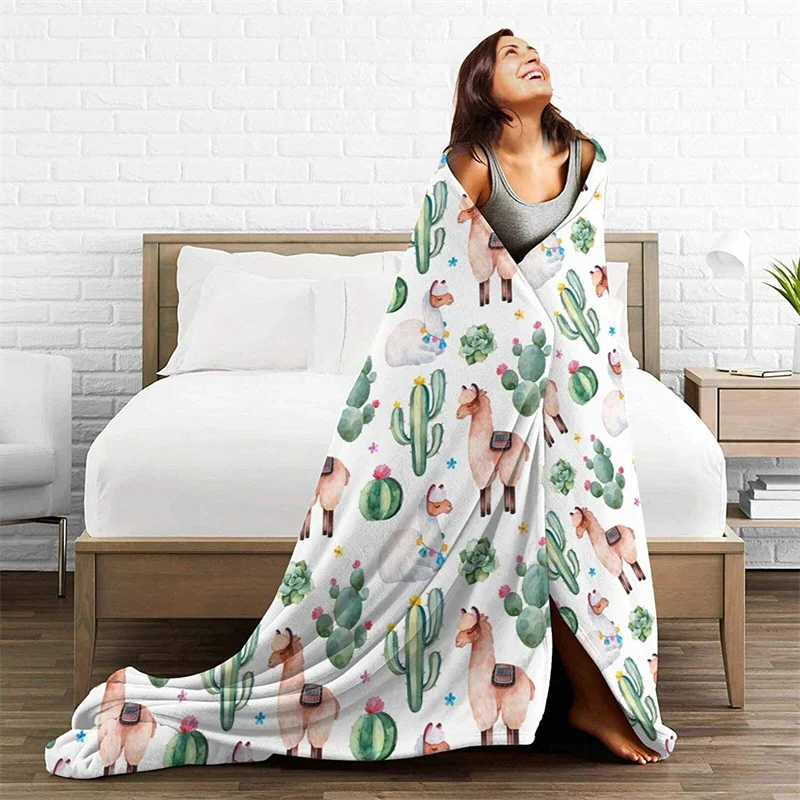 

Llama Cactus Navajo Cubre Camara Green Throw Blanket 3D Print On Demand Sherpa Super Comfortable For Sofa Thin Quilt