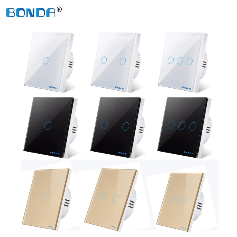 BONDA Wall Touch Switch 220V EU Standard Crystal Tempered Glass Panel 1 Way 1/2/3 Gang 4 Color Available Light Sensor Switches |