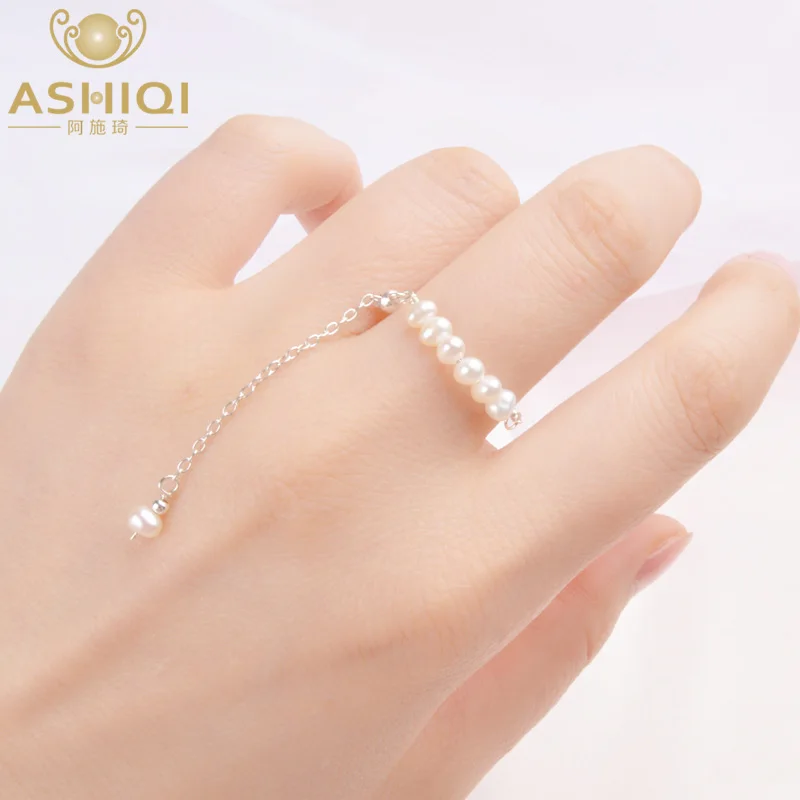 

ASHIQI Natural Pearl 100% Real 925 Sterling Silver Tassel Adjustable Ring Women Handmade Freshwater Pearl Jewelry