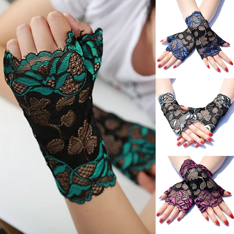 Перчатки с открытыми пальцами, солнцезащитные перчатки, женские кружевные перчатки, модные эластичные тонкие перчатки с открытыми пальцам...