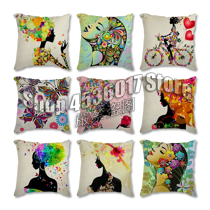 

Art Butterfly girl Decorative Pillow Cushion Covers Pillowcase Cushions Sofa Polyester Pillowcover flax cuscini Throw Pillows