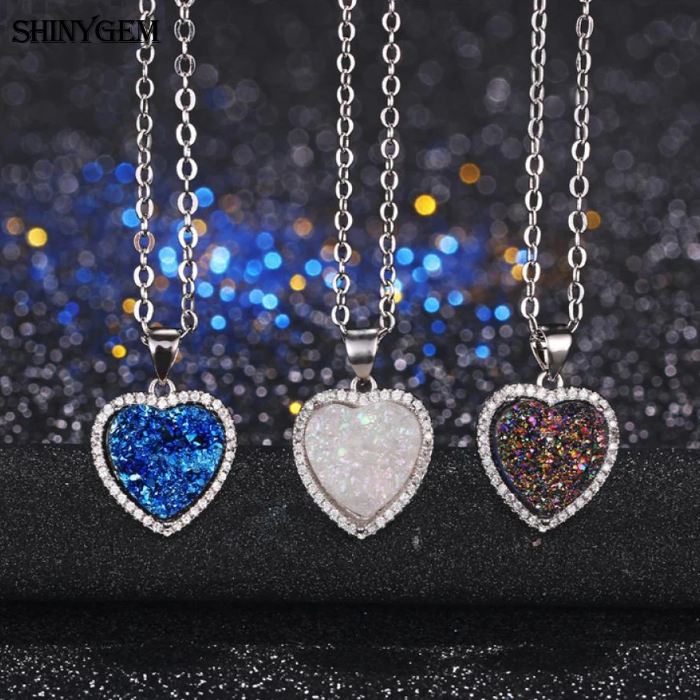 ShinyGem Мода 12*12 мм Любовь Сердце натуральный сверкающий кристалл Druzy Кулон ожерелье