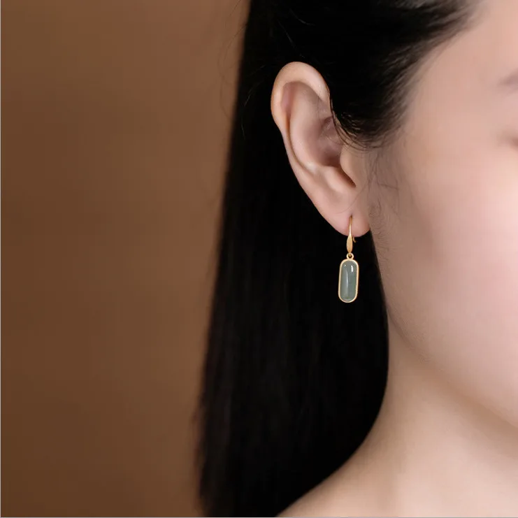 

Natural Hetian Jadeite Earrings Chinese Retro Original Design Craftsmanship Wind-smooth Surface Charm Women's Silver Jewelry